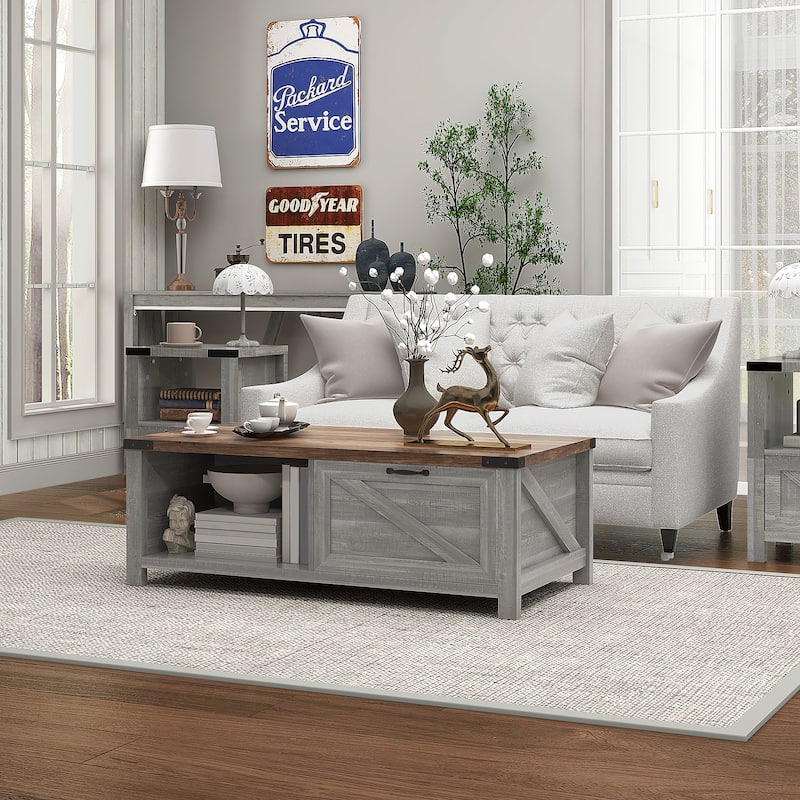 HOMCOM Farmhouse Coffee Table with Storage and Drawer, Rustic Coffee Table for Living Room, Open Shelf, Distressed Gray - Grey