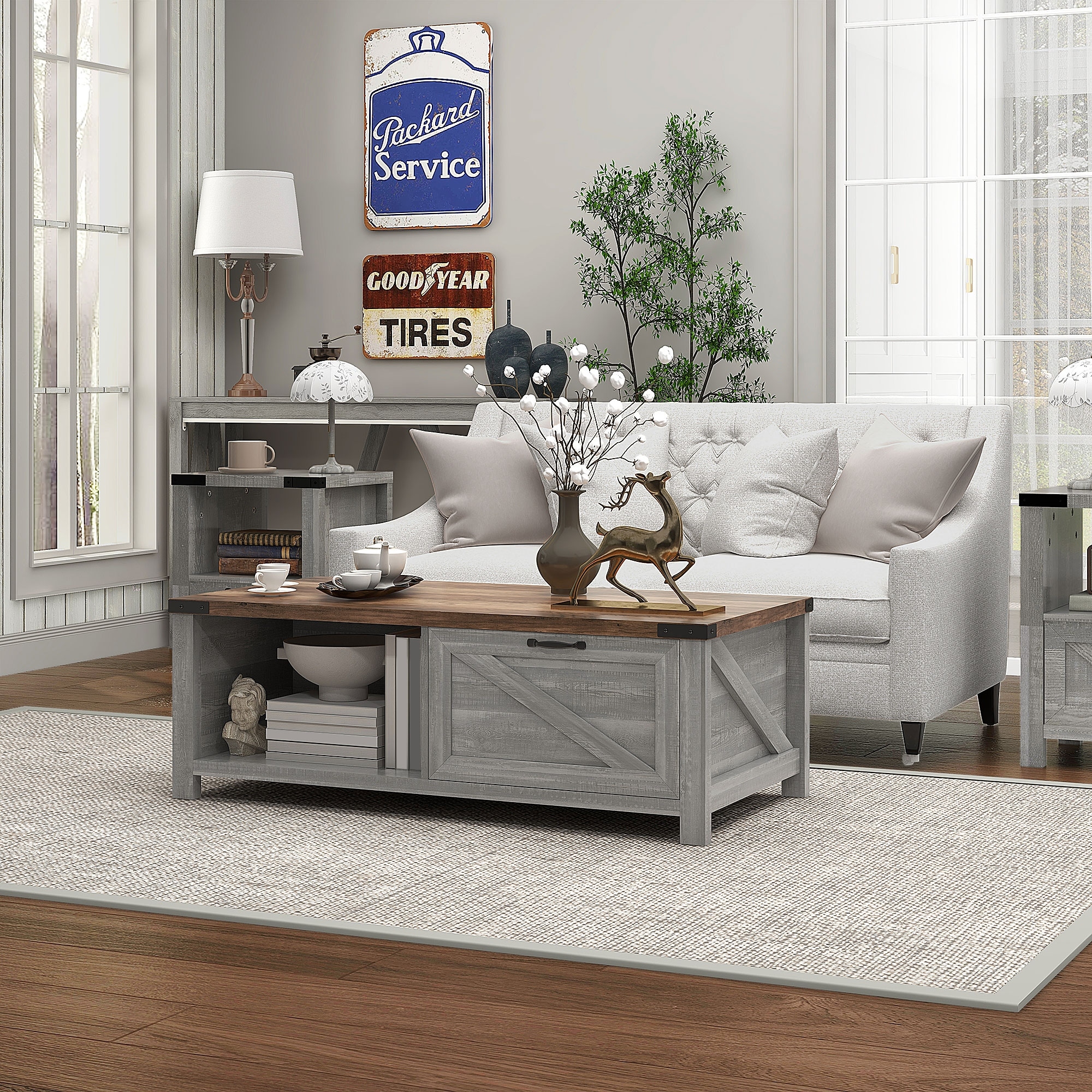 HOMCOM Farmhouse Coffee Table with Storage and Drawer, Rustic Coffee Table for Living Room, Open Shelf, Distressed Gray