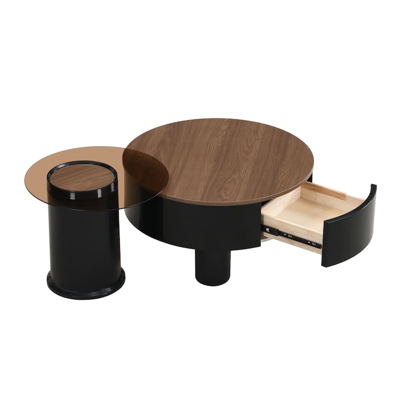 Nested Coffee Table Set with Storage Drawer and Round Tops, Accent Tables End Table with Tempered Glass