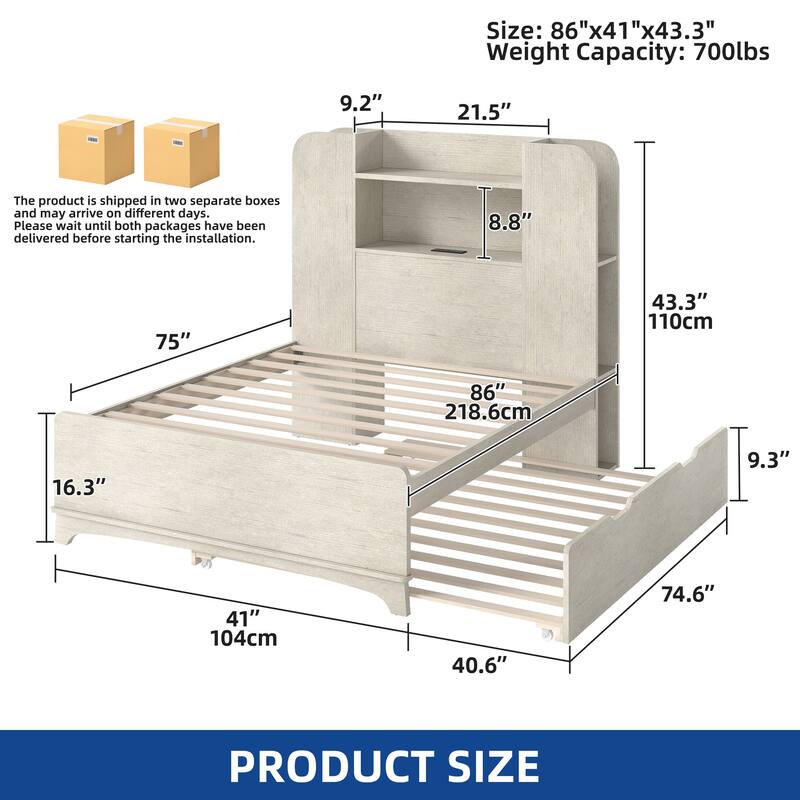 Moasis Bed Frame with Bookcase Storage Headboard and Charging Station,RGB LED Lights Bed with Wooden Support for Bedroom