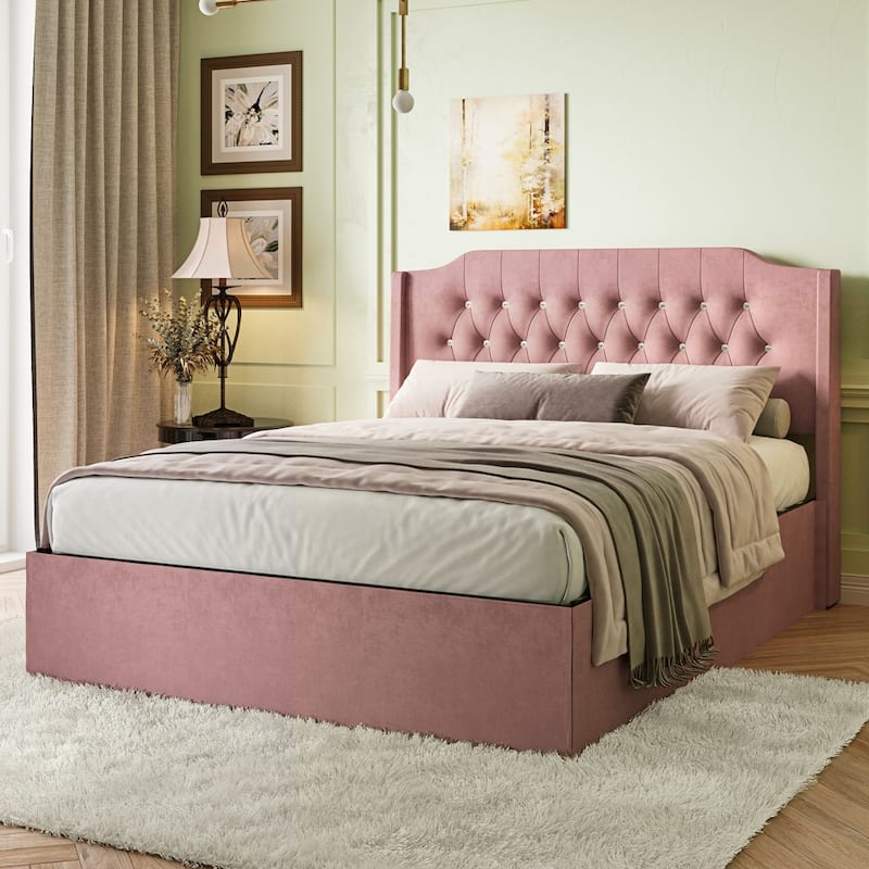 Tufted Upholstered Bed Frame with Crystal Button Accents
