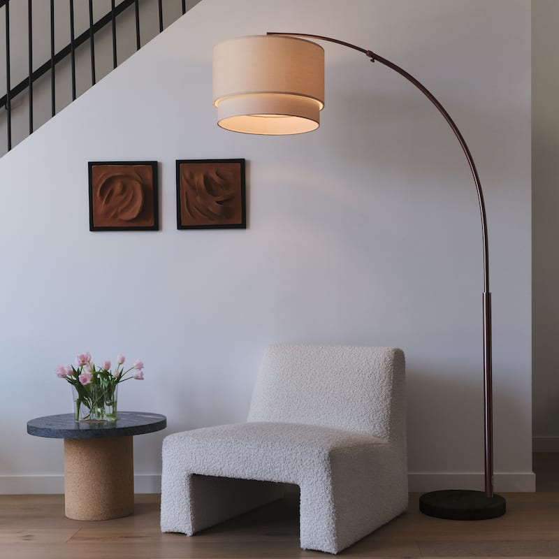 Brightech Mason 81 in. Oil Brushed Bronze Modern Adjustable and Extendable LED Floor Lamp with Beige Fabric Drum Shade
