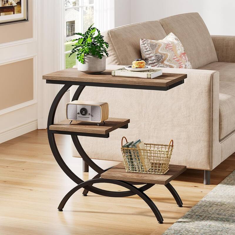23.62 Inches Brown Wood C-Shaped End Table, 3-Tier Industrial Couch Side Table for Living Room