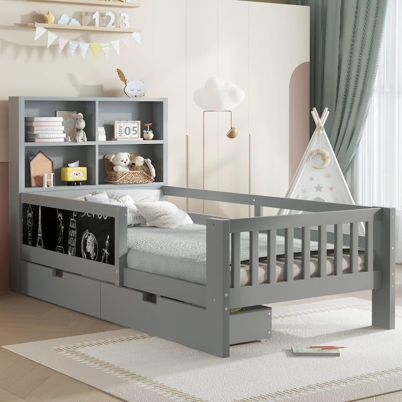 Childlike Fun Solid Wood Low-profile Platform Bed Storage Bed Frame with Side Chalkboard, Open Shelves, Drawers and Guardrails