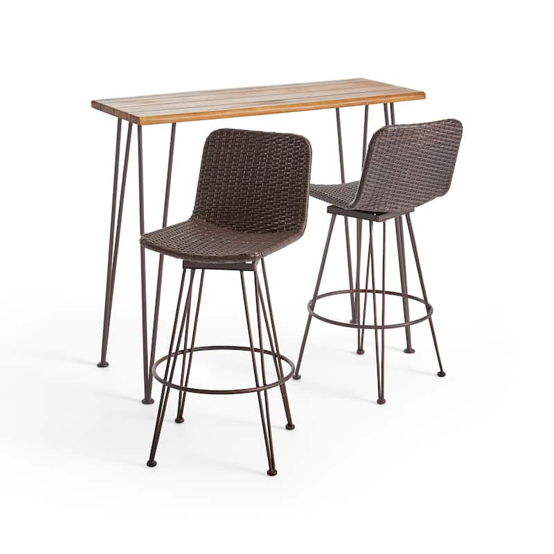 Penley Outdoor Modern Industrial 3 Piece Acacia Wood Bar Set by Christopher Knight Home