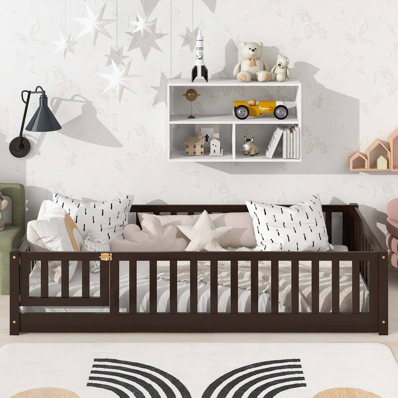 Durable Floor Platform Bed with Fence - Espresso+Twin size-door
