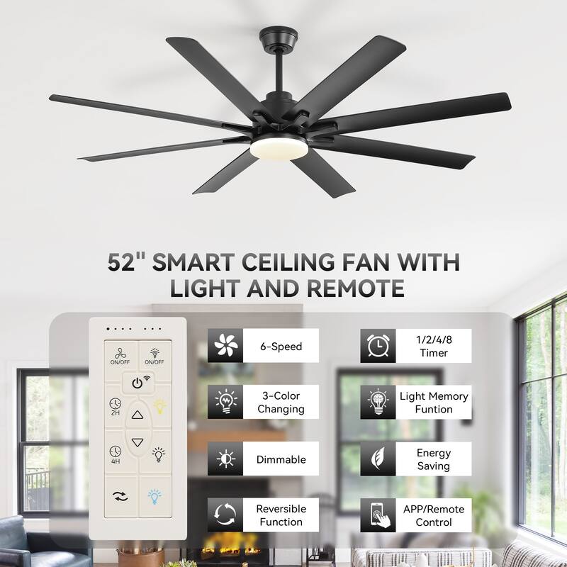 52 Inch/66 Inch/72 Inch Modern Ceiling Fan with Dimmable LED Light ,Remote&APP Control,8 Blades for Large Living Room,Porch
