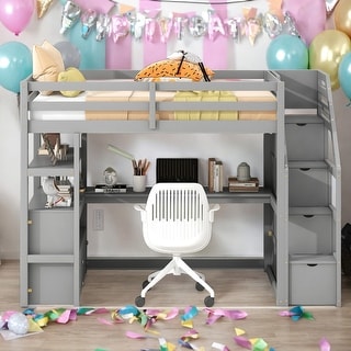 Multifunctionl Twin Size Loft Bed With Desk And Shelves,Two Built-in Drawers