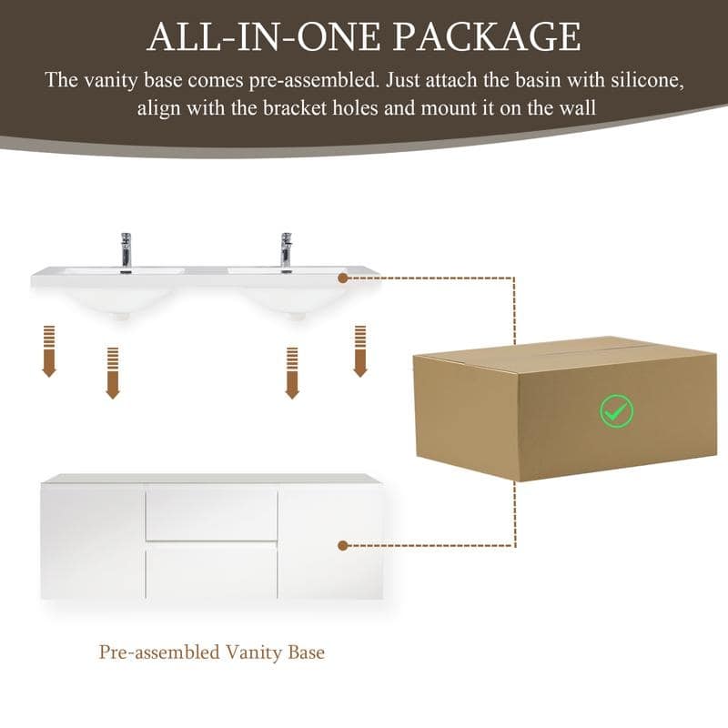 ABRUZZO 60" Floating Bathroom Double Vanity with Integrated Resin Top 2 Basins 2 Cabinets 2 Soft Close Drawers Full Assembly