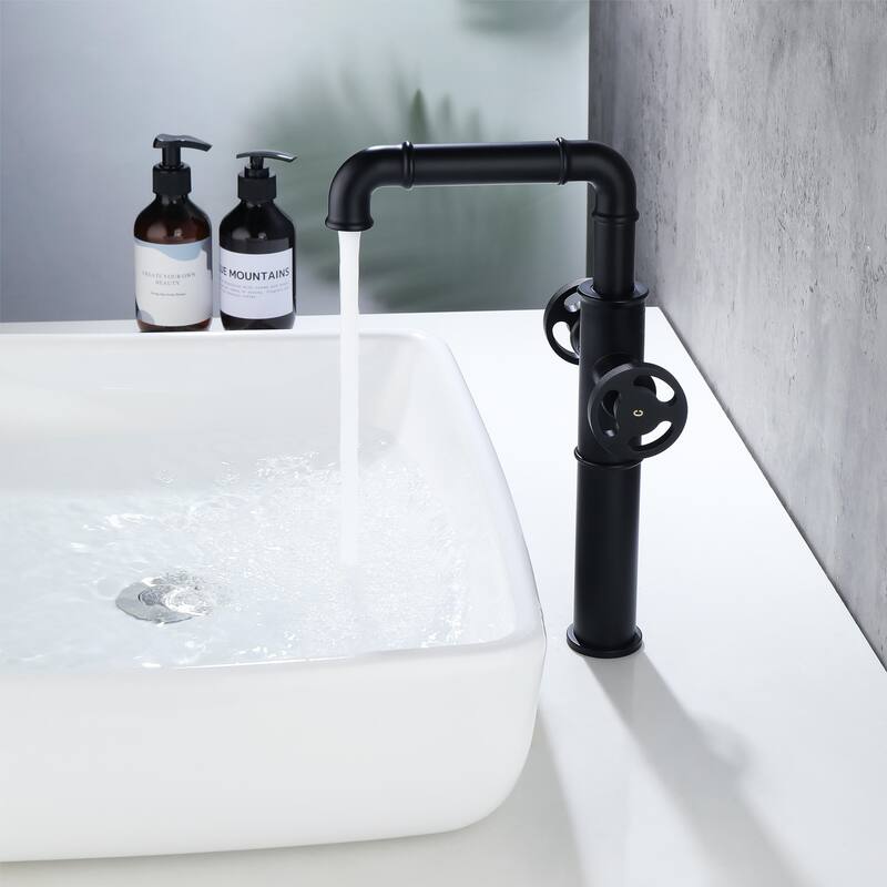 Industrial Single Hole 360 Degree Swivel Bathroom Sink Faucet with 2 Handle in Black/Gold