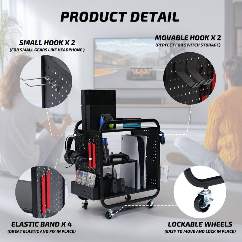 Gaming Organizer Cart with Multi-Level Storage and Wheels