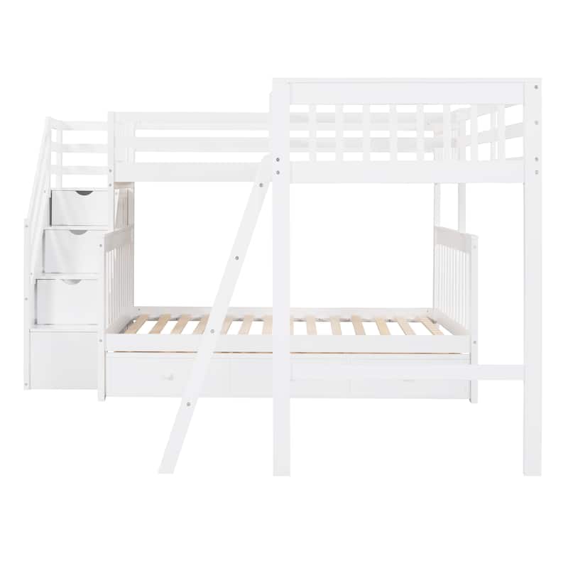 Twin over Full L-Shaped Bunk Bed With 3 Drawers, Ladder and Staircase