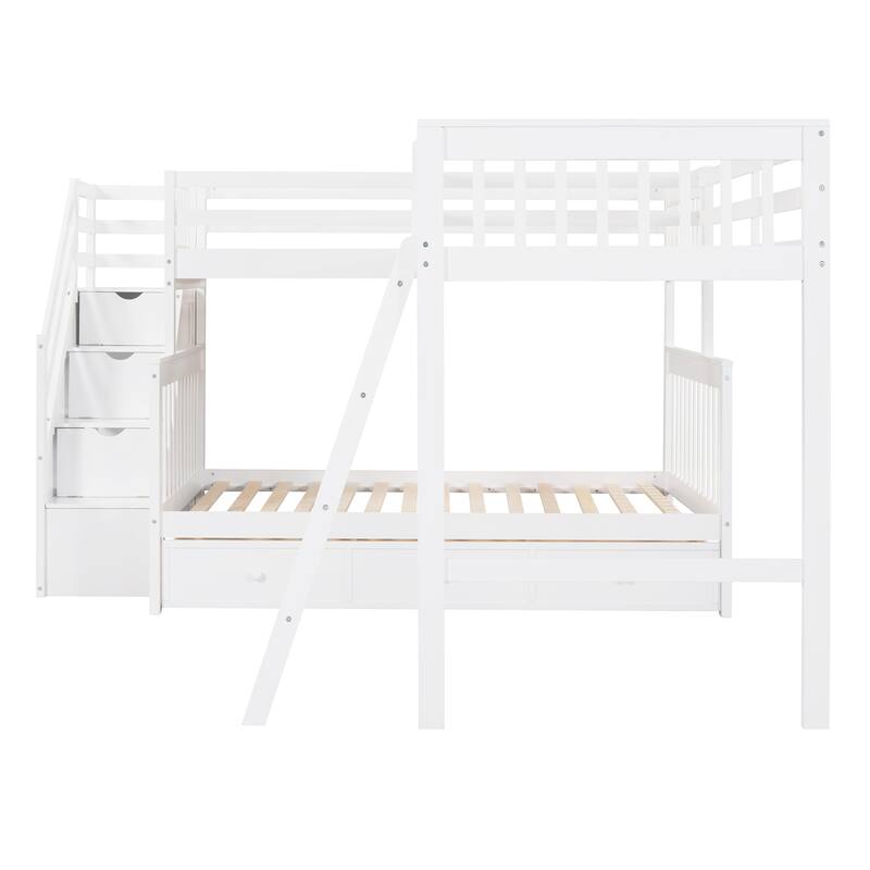 Twin over Full LShaped Bunk Bed With 3 Drawers, Ladder and Staircase