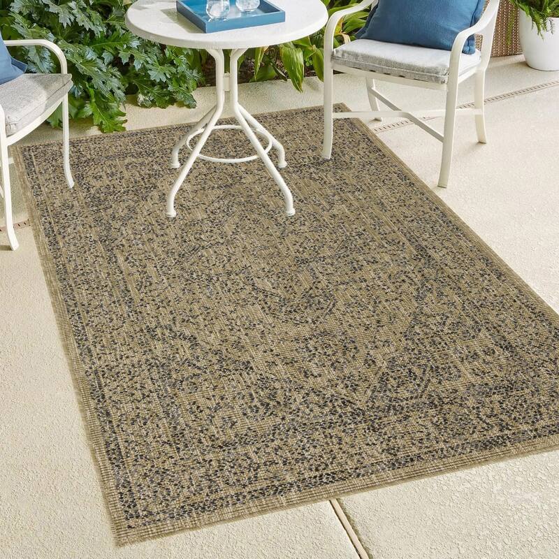 Indoor/Outdoor Area Rug/ Runner/ Doormat- Blue & Natural & Red & Taupe Color -Machine Washable, Weather and UV Resistant-Zaria