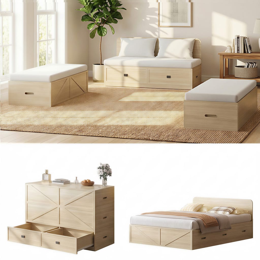 Mixoy Storage Murphy Bed Convertible Sofa Set, Full/Queen, Mattress Included