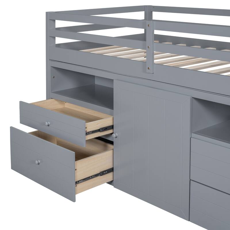 Twin Size Solid Wood Loft Bed with 4 Drawers, Underneath Cabinet and Shelves