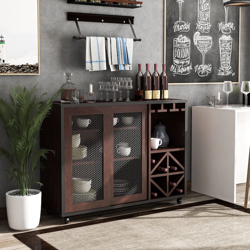 Furniture of America Hury Modern Walnut 47-inch 3-shelf Dining Buffet, Walnut Dining Sideboard with Wine Storage