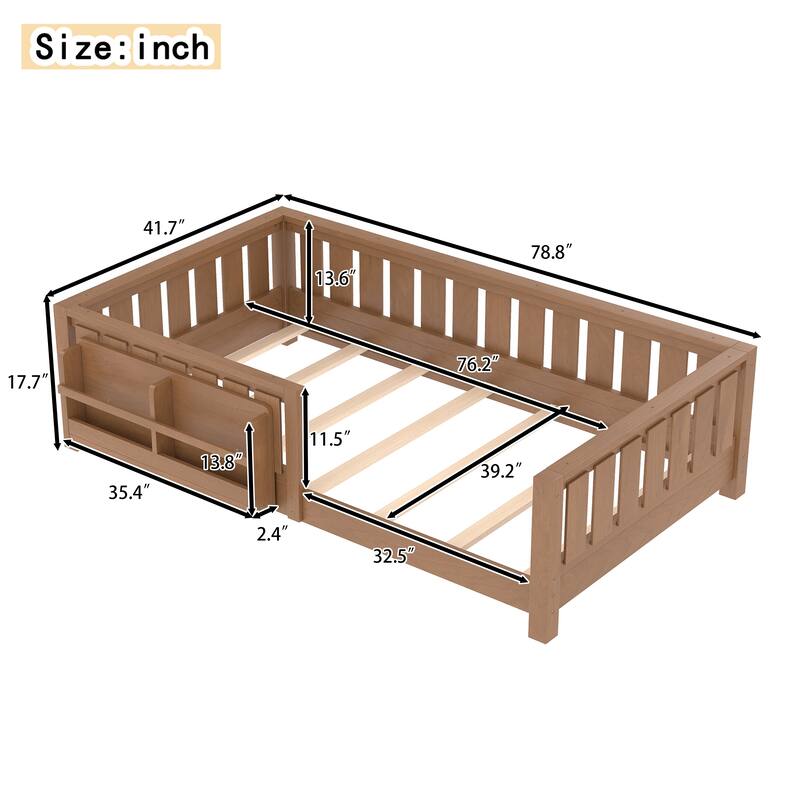 Montessori Floor Bed Low Profile Kids Bed with Rails & Bookshelf