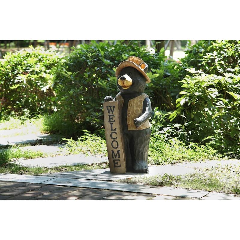 Standing Bear with Welcome Sign Outdoor Garden Statue - 30"