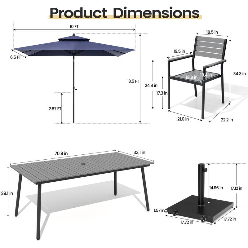 9PC Outdoor Patio Dining Set Aluminum Table with Stackable Armchairs w/ Premium Market Umbrella Sets