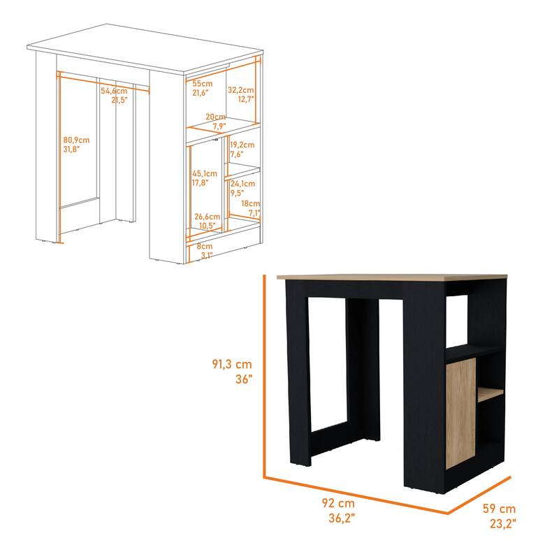 Black and Natural Oak 1-Door Kitchen Island with Open Storage