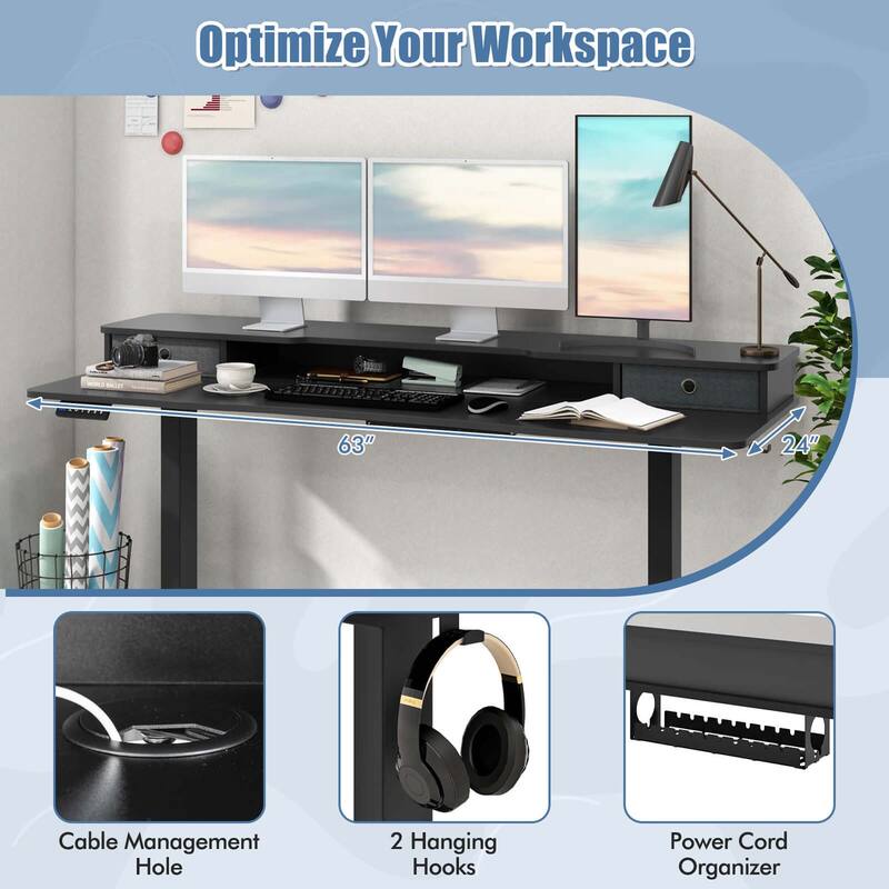 Costway 63" x 24" Electric Standing Desk with 2 Drawers Monitor Stand - See Details
