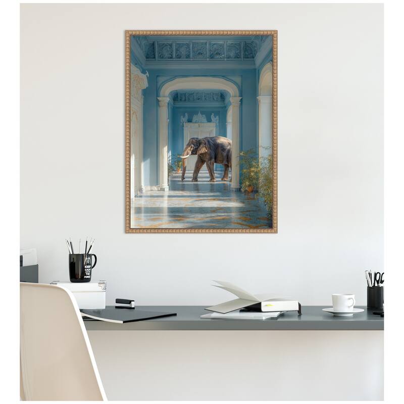Kate and Laurel Elephant Strolling Through the Blue Wing by Michael Schauer Framed Canvas Wall Art Print