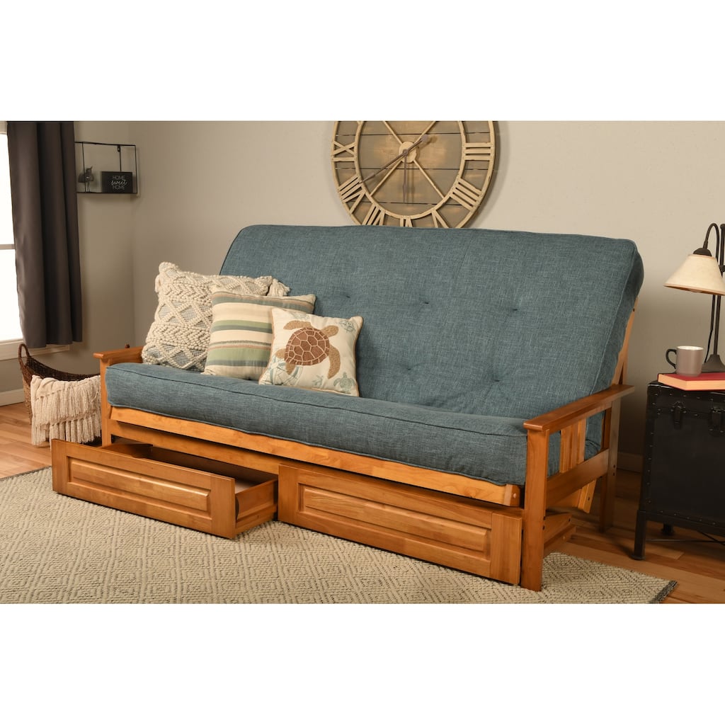 Somette Monterey Queen-size Storage Futon Set in Butternut Finish with Linen Mattress