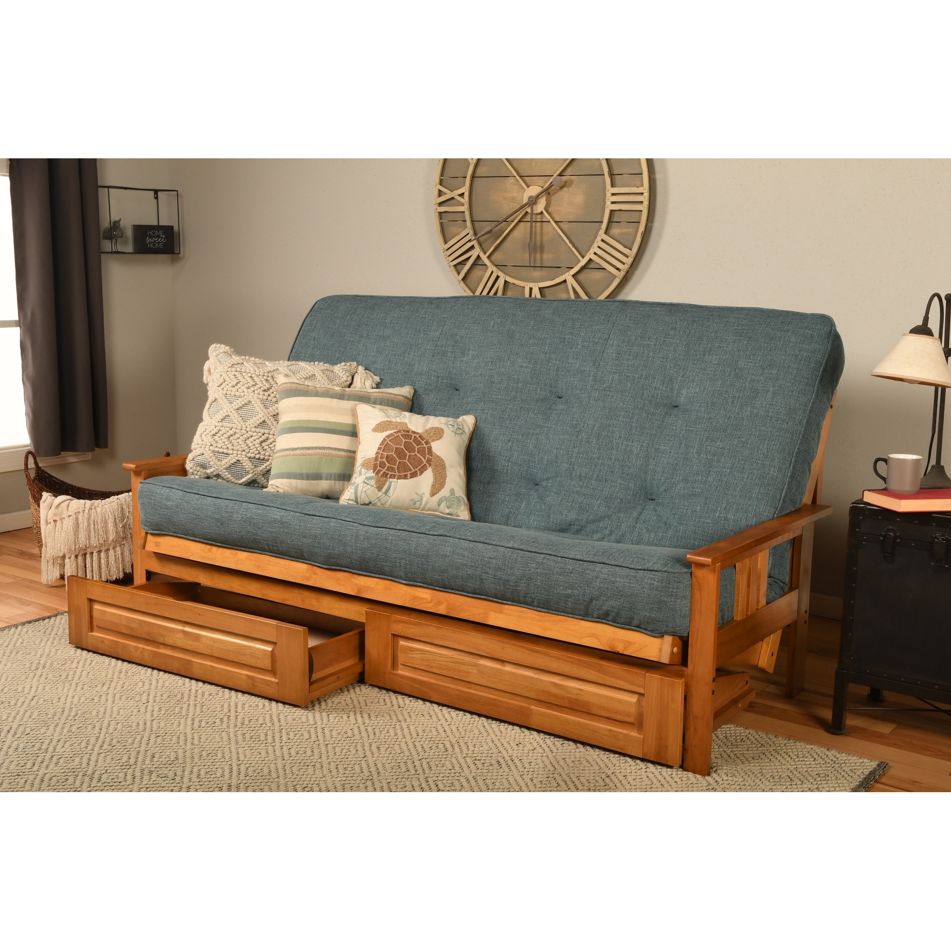 Somette Monterey Queen-size Storage Futon Set in Butternut Finish with Linen Mattress