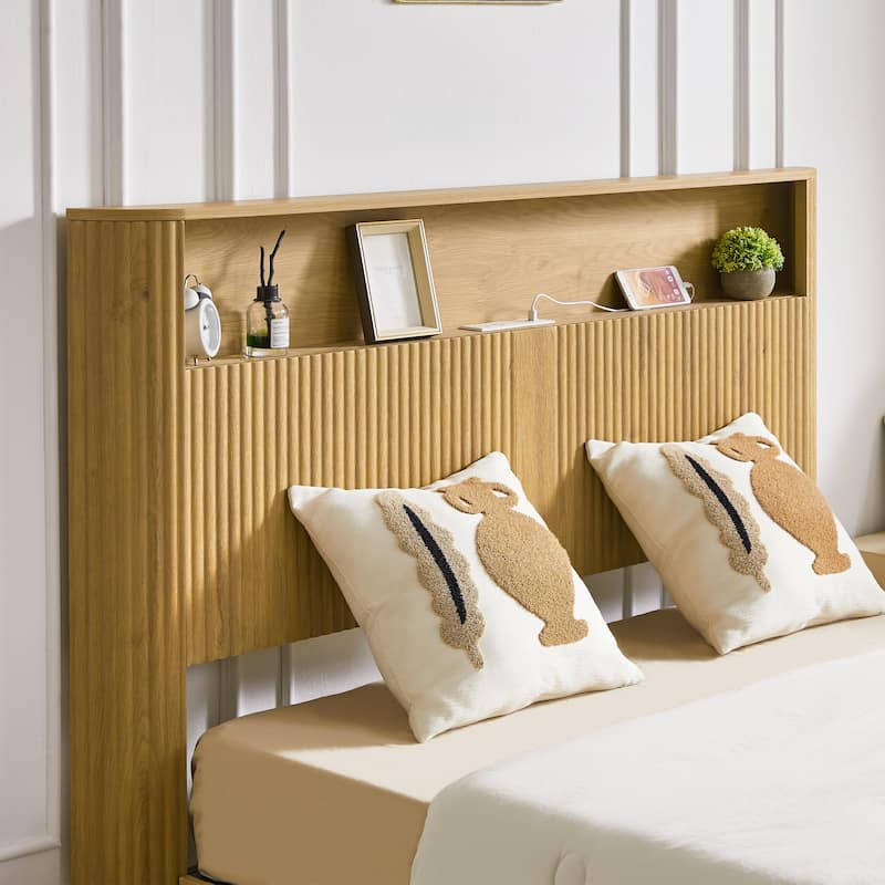 Platform Bed Frame, Wave-Shaped Modern Bed Frame with Storage Headboard, Charging Station, Heavy Duty Metal Slats, Noise-Free