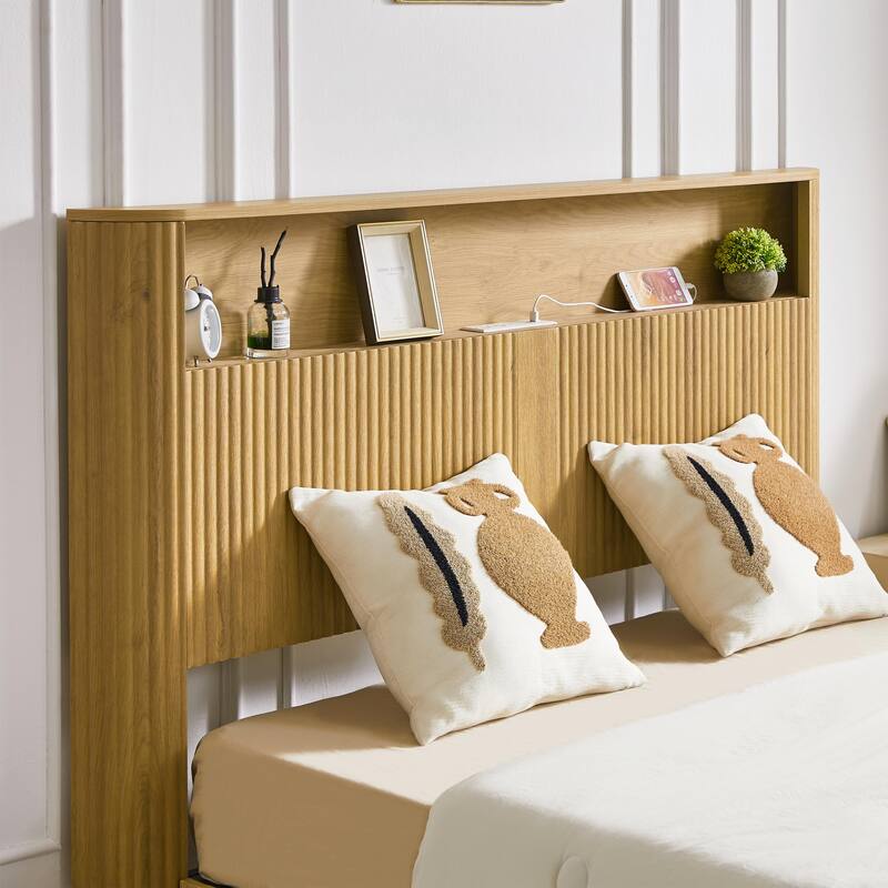 Wooden Bed Frame with Metal Slat, Noise Free, Modern Low Profile Platform Bed with Storage Headboard and Charging Station