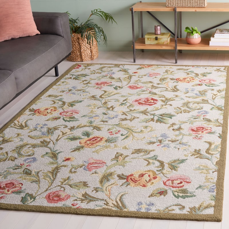 SAFAVIEH Handmade Chelsea Ageet French Country Floral Wool Rug - 3'9" x 5'9" - Ivory/Sage