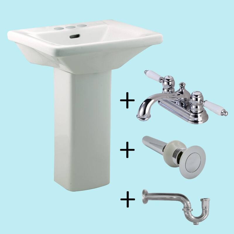 White Child Bathroom Pedestal Sink Faucet Holes with 4" Center Set Faucet, Drain With Overflow and P trap