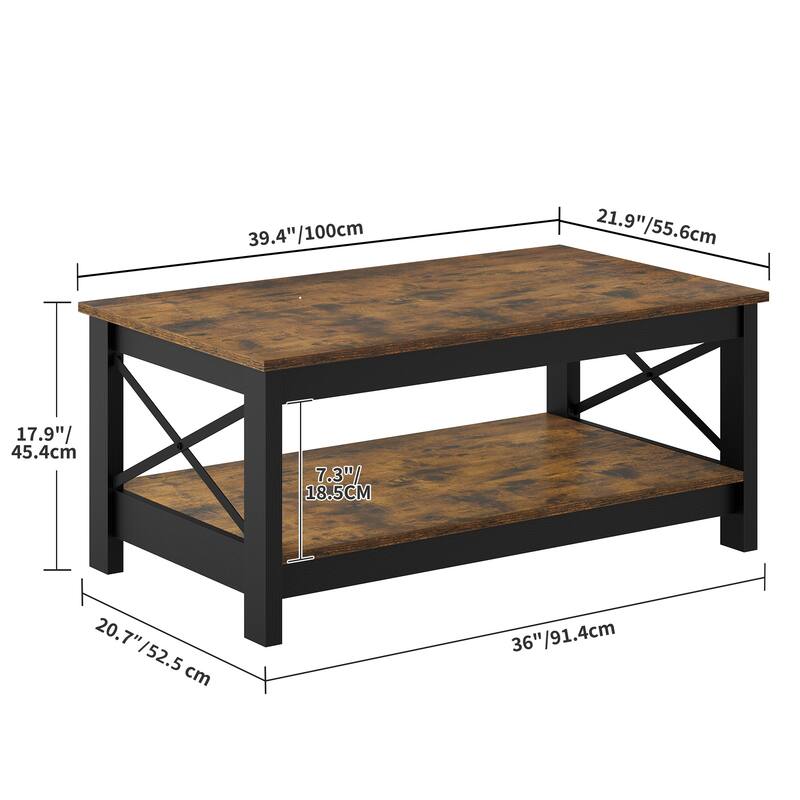 Moasis Farmhouse Coffee Table with Shelf, 2-Tier Center Table for Living Room