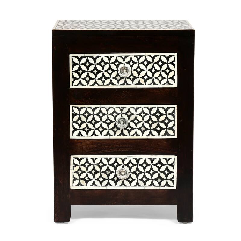 Mango Wood Nightstand, Buffalo Bone Inlay Finish Beside Sofa Table, Black Beside Sofa Table, 3 Drawers with Crystal-like Knobs