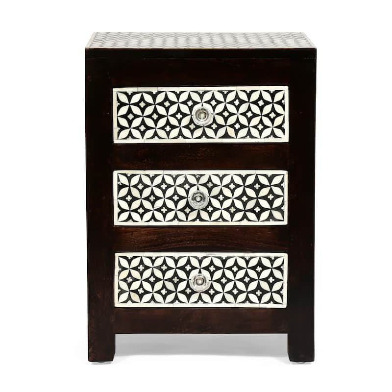 Roomfitters Bohemian Bedside Table, Solid Wood Nightstand with Bone Inlay Pattern and Crystal Knobs, Black + Dark Walnut