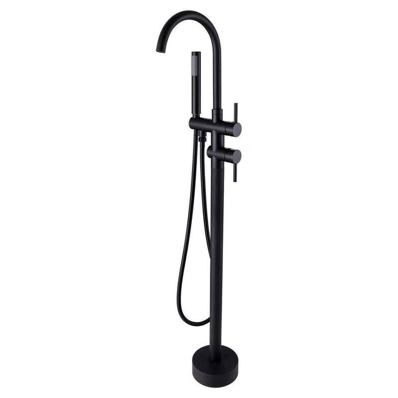 Modern 2-Handle Floor Mounted Freestanding Tub Filler with Handheld Showerhead in Black and Silver