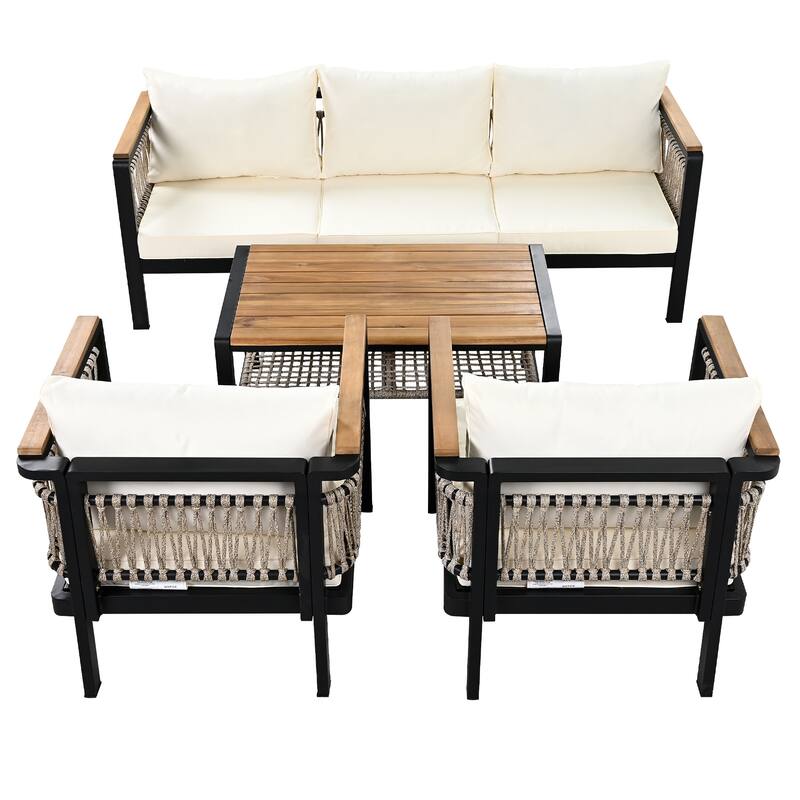 4 Piece Outdoor Woven Rope Furniture Set, Patio Sectional Sofa Set with Removable Waterproof Cushions and Coffee Table