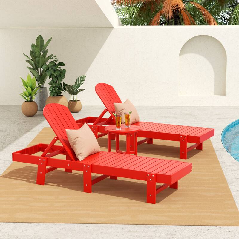 Altura Armless Poly Eco-Friendly All Weather Reclining Chaise Lounge with Side Table Set (3-Piece Set) - Red