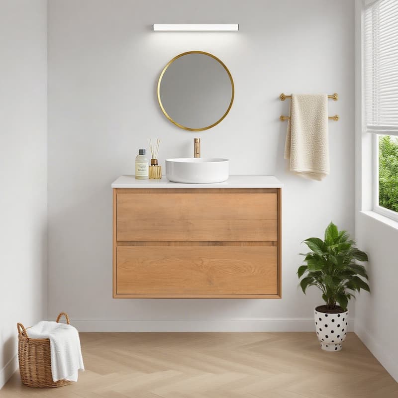 Sylphar 36 inch Toffee Oak Floating Bathroom Vanity with White Quartz Top