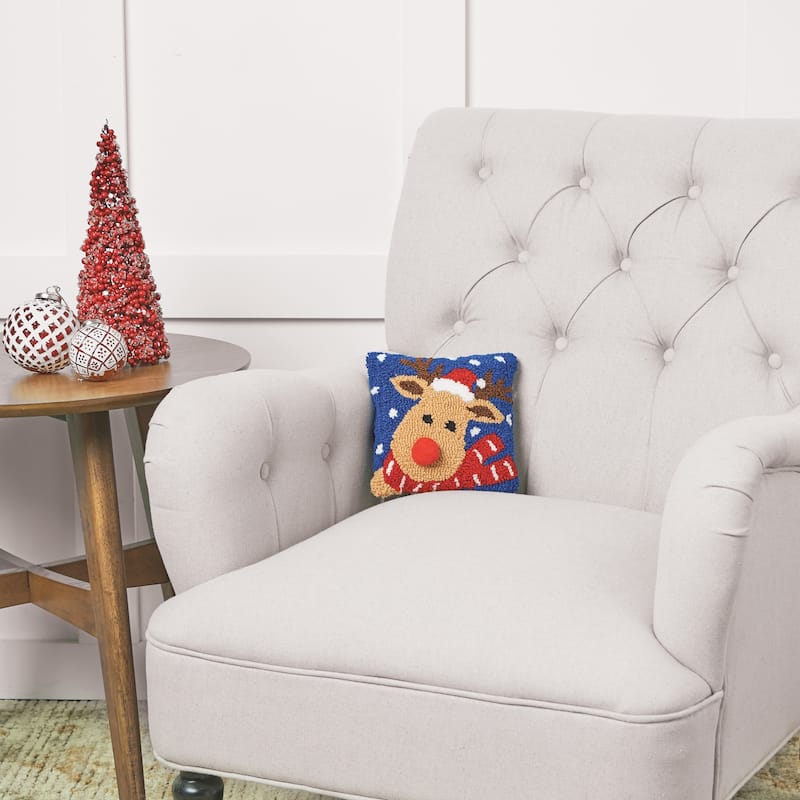 8" x 8" Christmas Reindeer Hooked Petite Throw Pillow