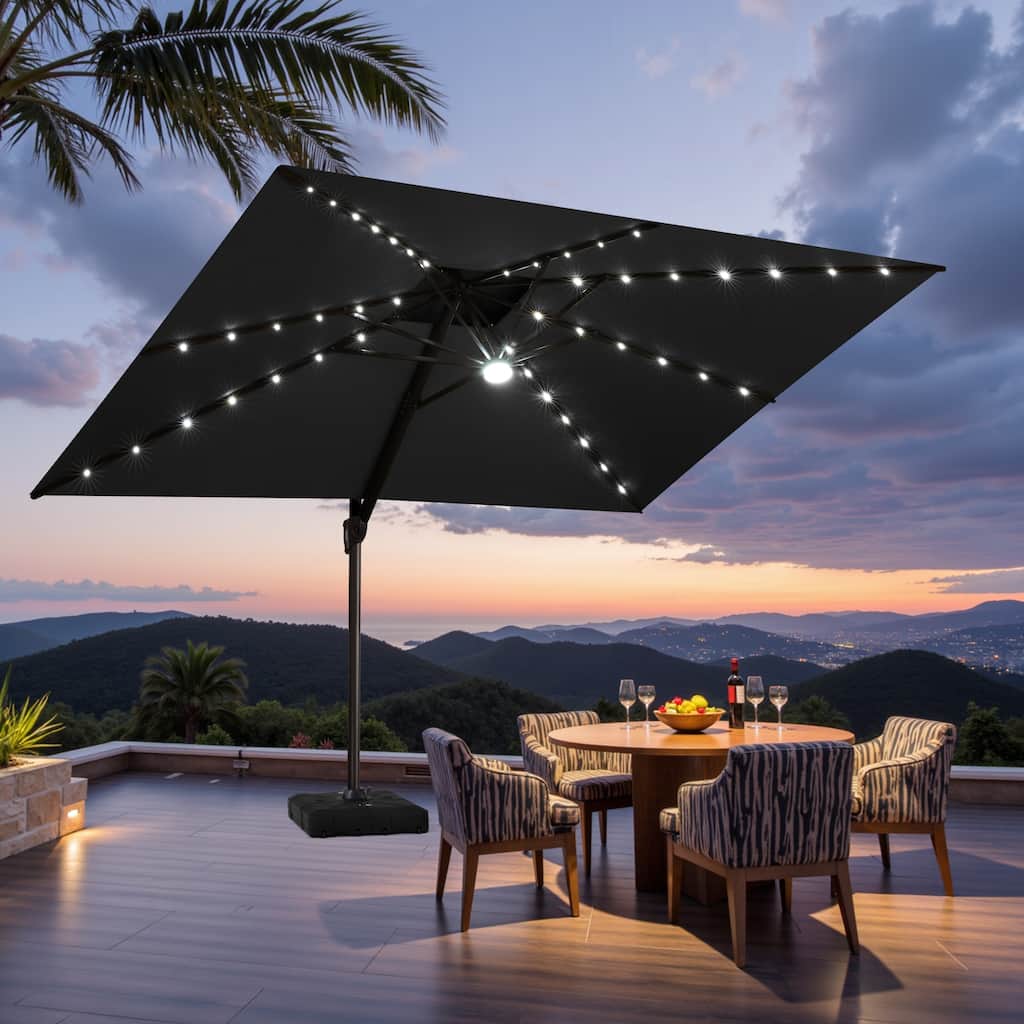 9 FT x 11 FT Outdoor Dual Top Patio Cantilever Umbrella LED Light with Wheel Base