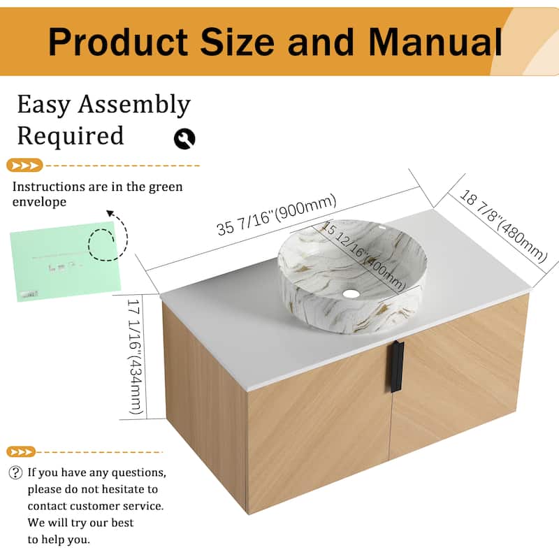 Malwee 30"/36" Floating Bathroom Vanity, Wall Mounted Bathroom Vanity with Ceramic Sink and Soft Close Door