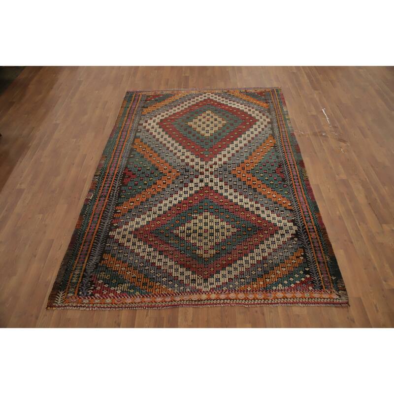 Hand Woven Oriental 100% Wool Carpet Southwestern Tribal Multi-Colored Kilim Area Rug - 8' 10'' X 5' 11''