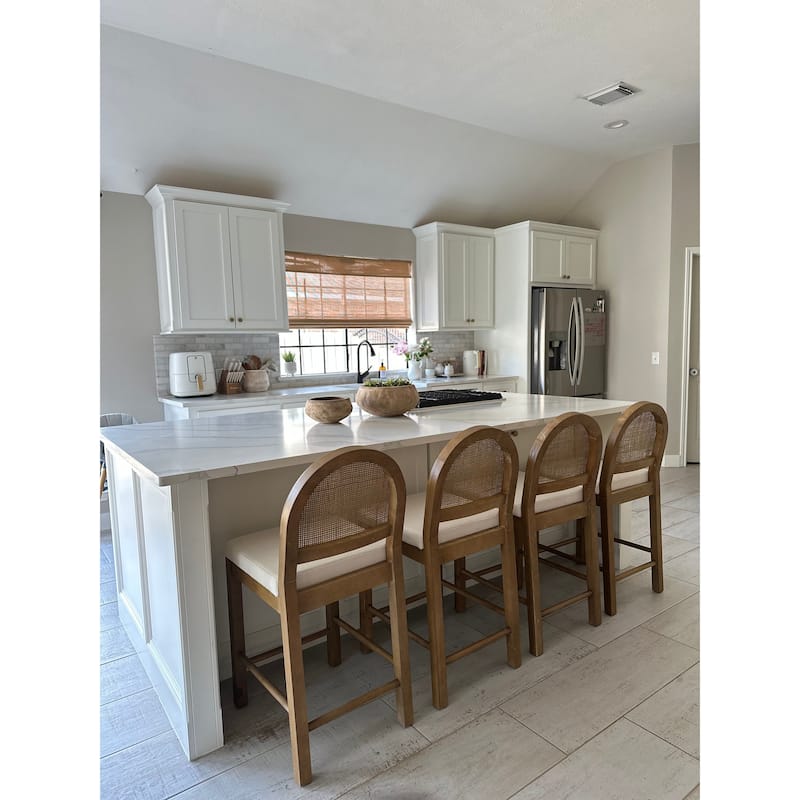Bailey Boucle Upholstered Rattan Bar Stool or Counter Height Stool with Natural Rattan Woven Back For Kitchen Island