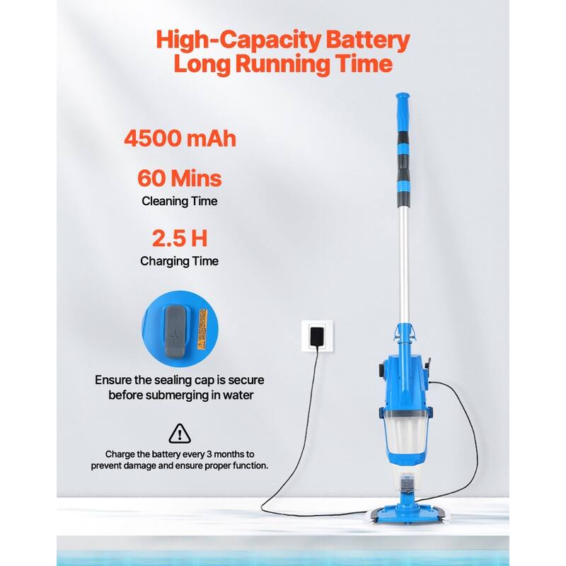 Cordless Rechargeable Pool Vacuum Cleaner 4000mAh Battery, 60 Min Runtime - 76.0 x 10.2 x 6.1 in