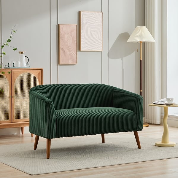 slide 2 of 33, 50.78" Modern Loveseat Couch Sofa, Corduroy Fabric Upholstered 2-Seat Sofa, Loveseat with Wooden Walnut Legs Green