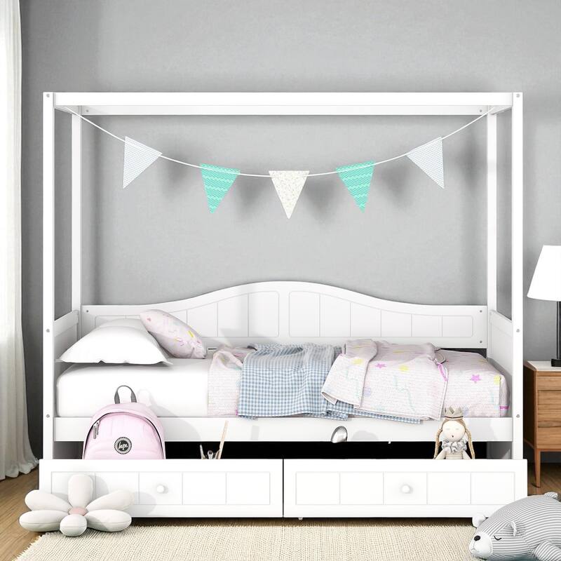 Twin Size Wooden Canopy Daybed with 2 Storage Drawers and Backrest, Space-Saving Solid Wood Frame