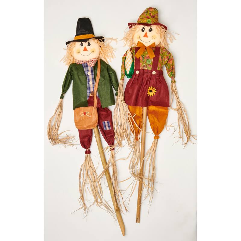60" Boy & Girl Scarecrow on Pole w/ Sack or Corn, Set of 2