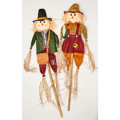 60" Boy & Girl Scarecrow on Pole w/ Sack or Corn, Set of 2
